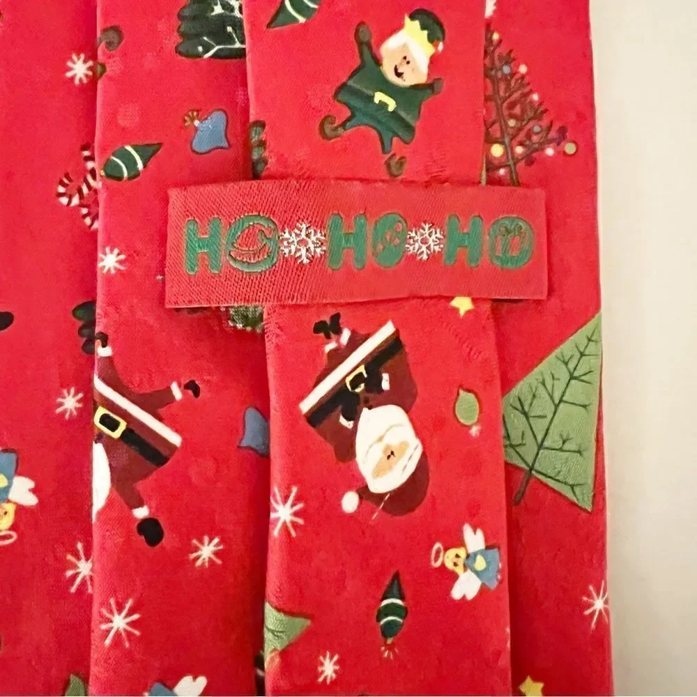 Ho Ho Ho Novelty Christmas Santa Elf Angel Tree Necktie, Red-Multi
